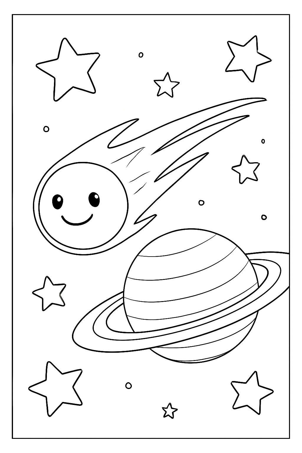 A cute cartoon comet flying through the galaxy in this detailed comet in space coloring page.