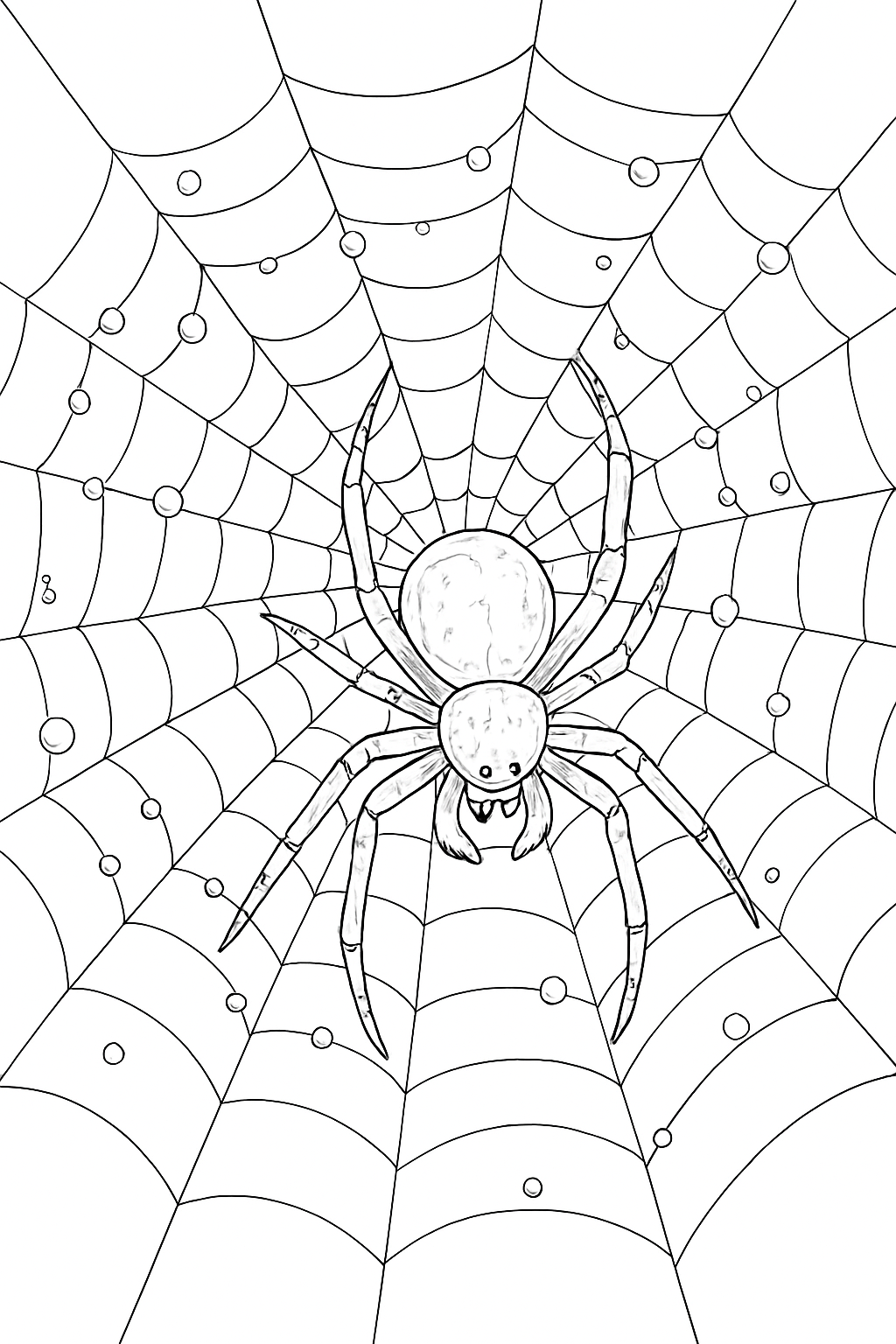 A detailed whimsical spider web coloring page featuring a lifelike garden spider in a nature scene.