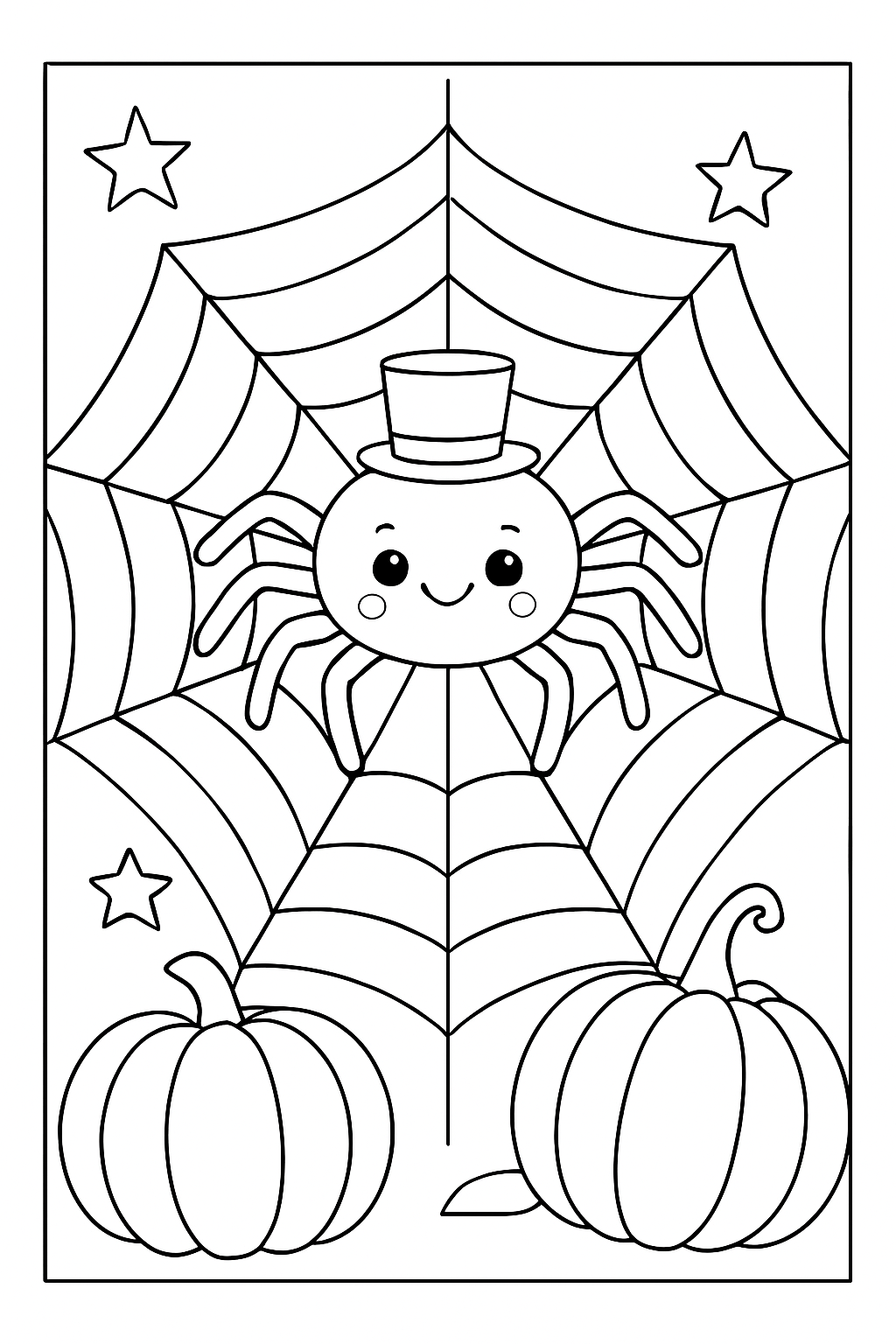 A friendly spider on a detailed spider web coloring page with pumpkins and stars.