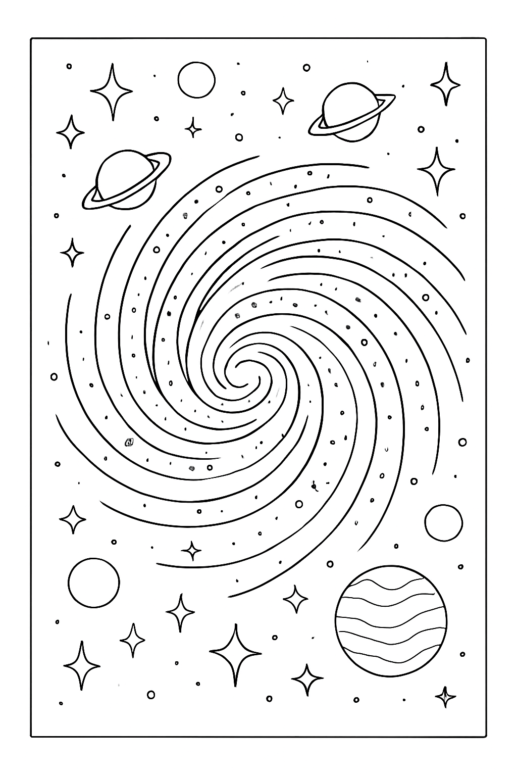 Detailed spiral galaxy coloring page featuring cosmic swirls and distant stars.