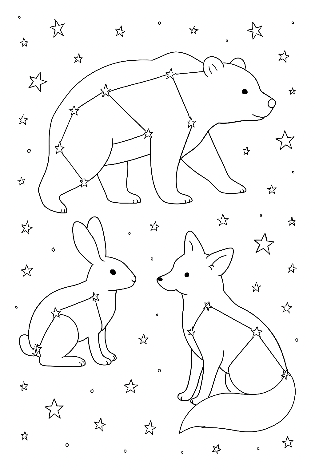 A detailed star constellations coloring page featuring interconnected stars forming elegant patterns.