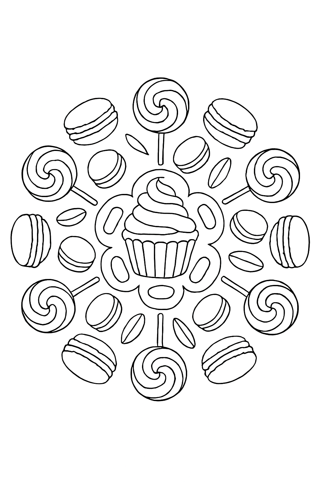 A detailed sweets mandala coloring page featuring cupcakes and candy swirls with bold lines.