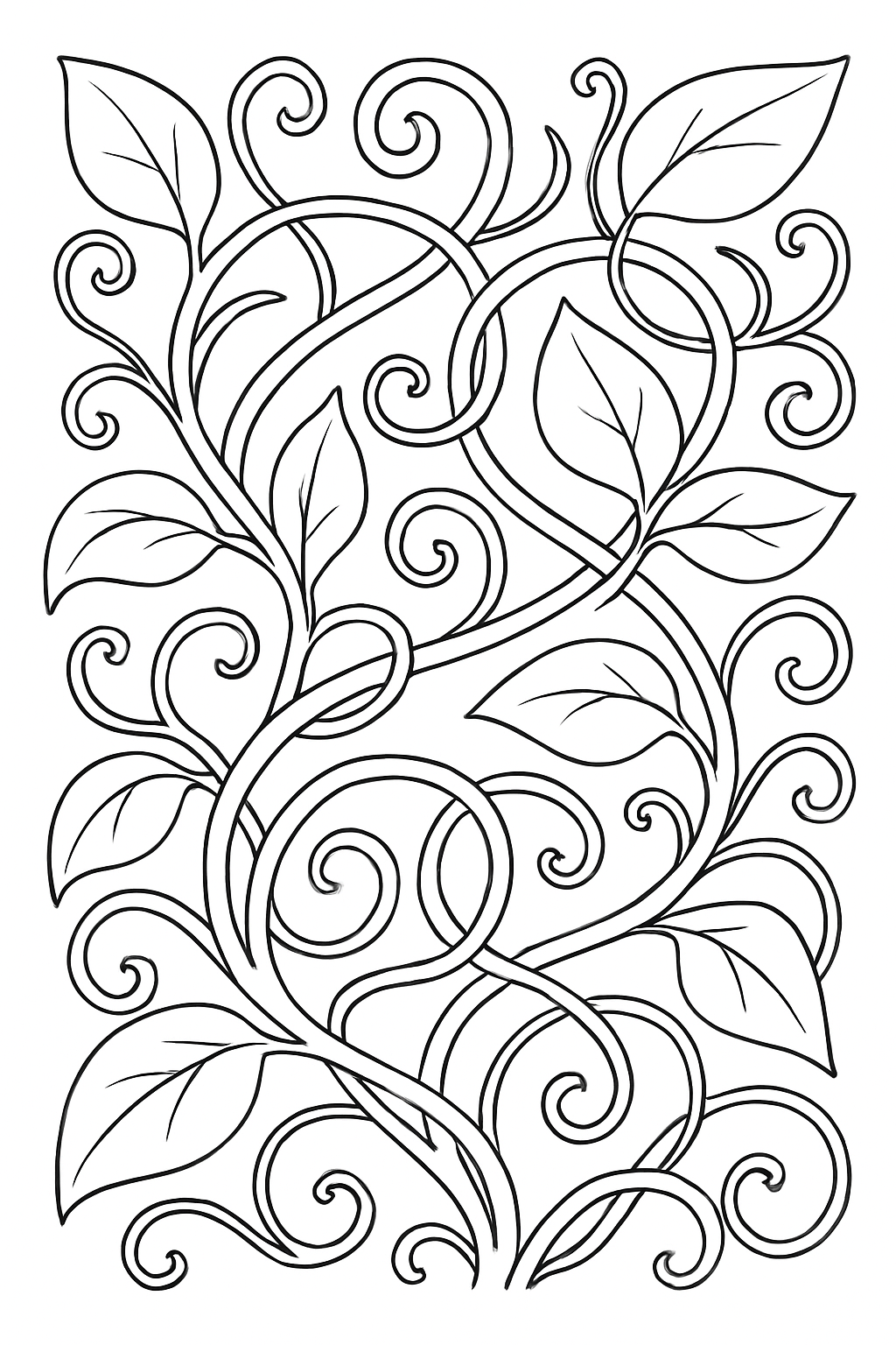 Intricate tangled vines coloring page with clear black lines and beautiful botanical patterns.