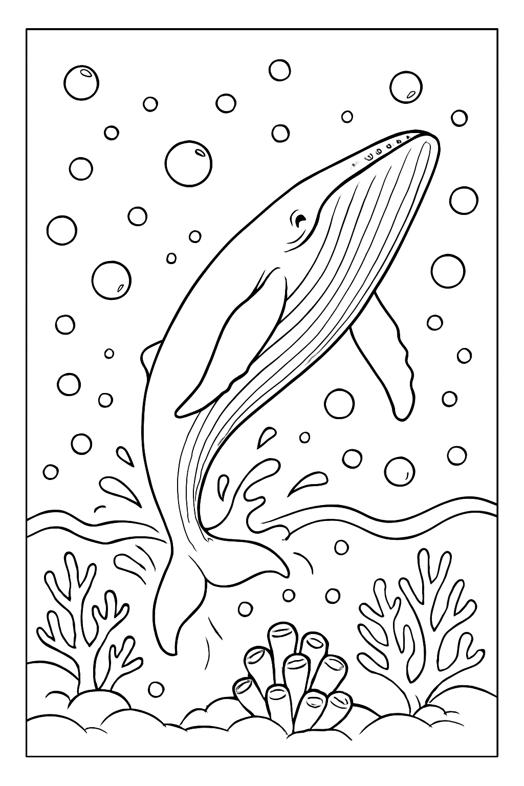 A friendly whale leaping out of the ocean in this detailed whale coloring page for all ages.