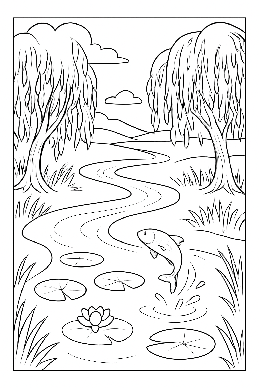 A peaceful winding river coloring page featuring weeping willows and jumping fish in black and white line art.