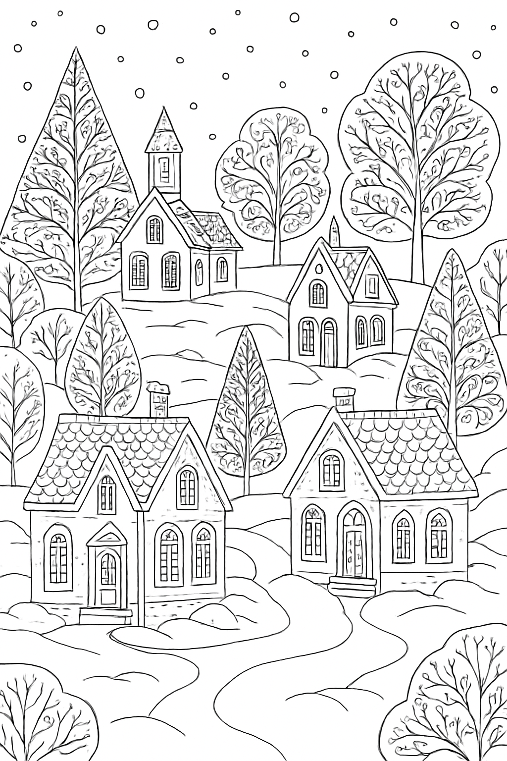 A highly detailed winter village coloring page featuring festive houses and snowy landscapes.