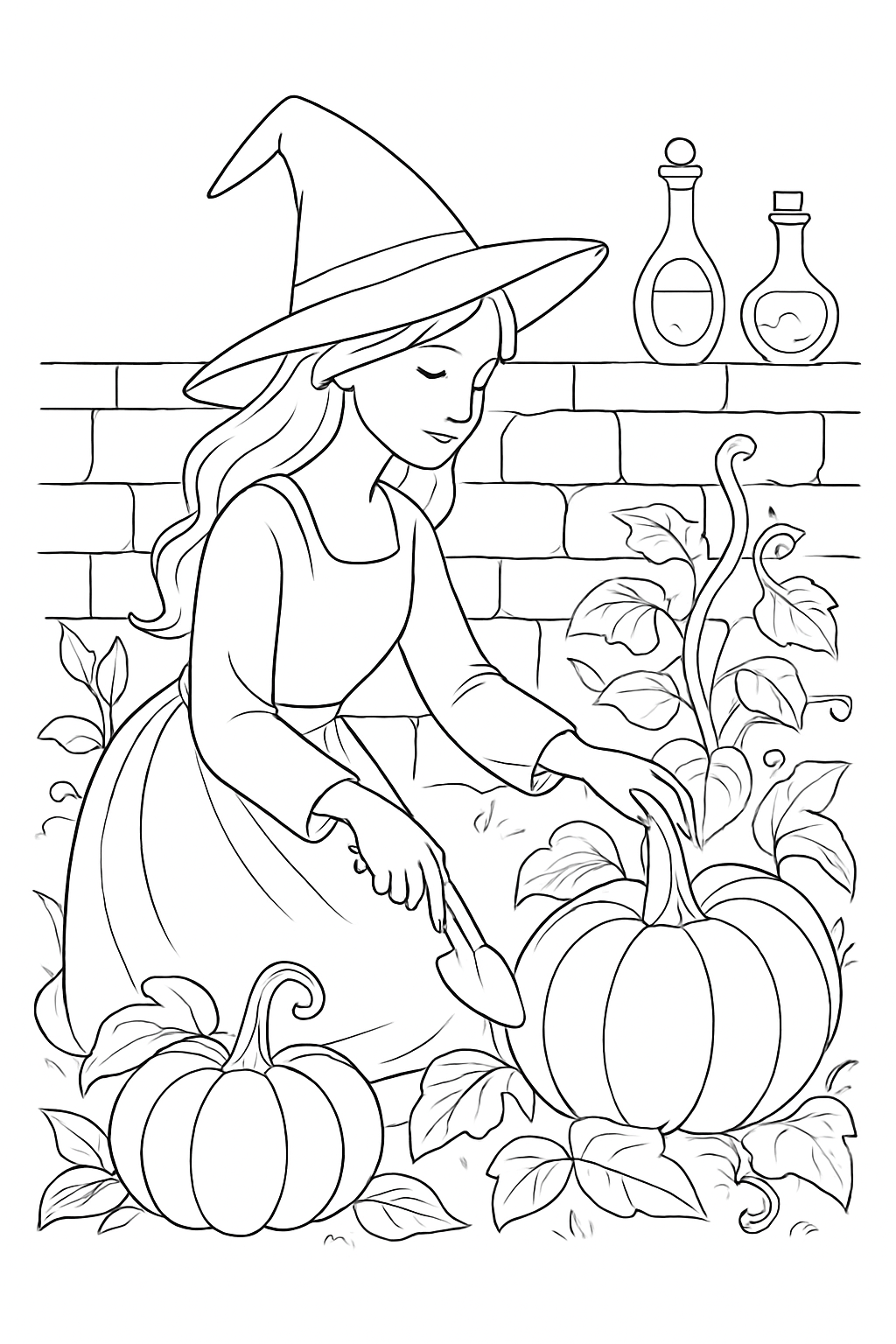 A detailed whimsical witch coloring page featuring a witch tending to magical pumpkins in a garden.