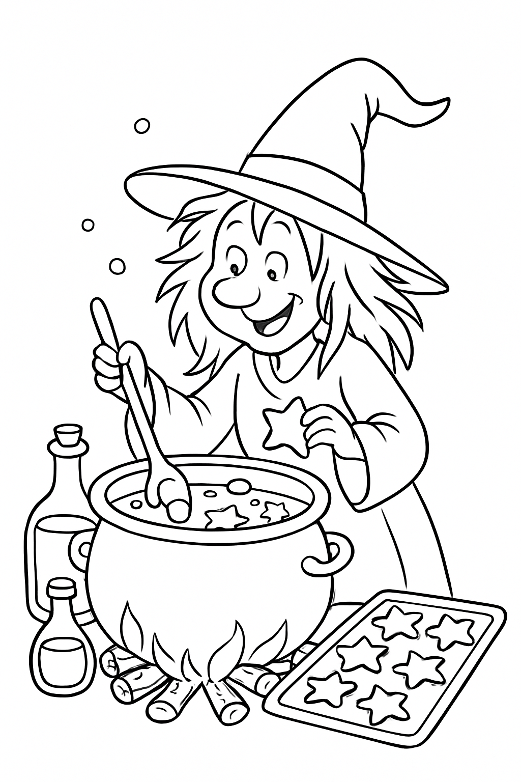 A cute witch stirring a cauldron with cookies nearby in this witch baking potions coloring page.