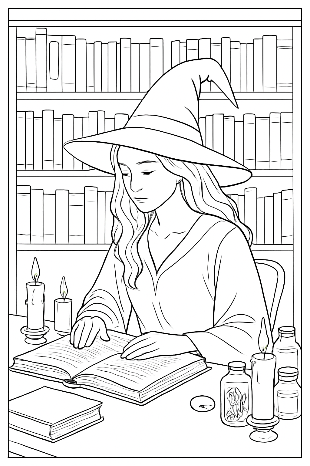 Detailed witch in library coloring page featuring magical books and candles.