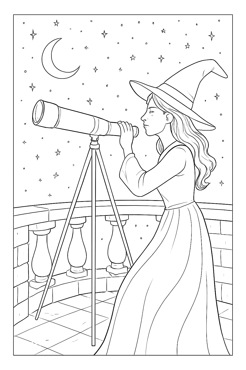 A realistic witch looking through a large brass telescope on a stone tower in this witch stargazing coloring page.