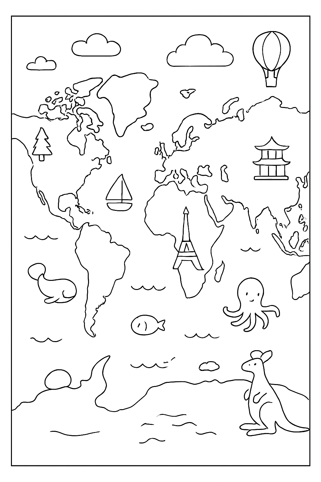 A detailed world map coloring page featuring continents and cute landmarks for creative kids and adults.