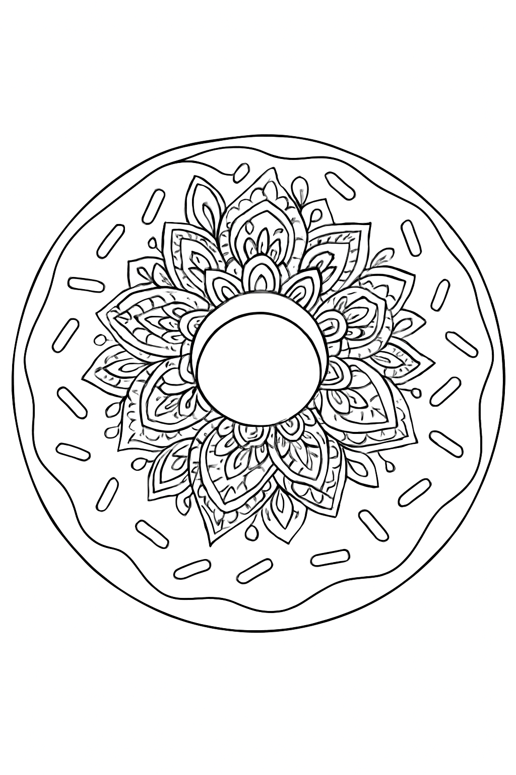 Intricate donut mandala coloring page featuring floral patterns and clean lines.