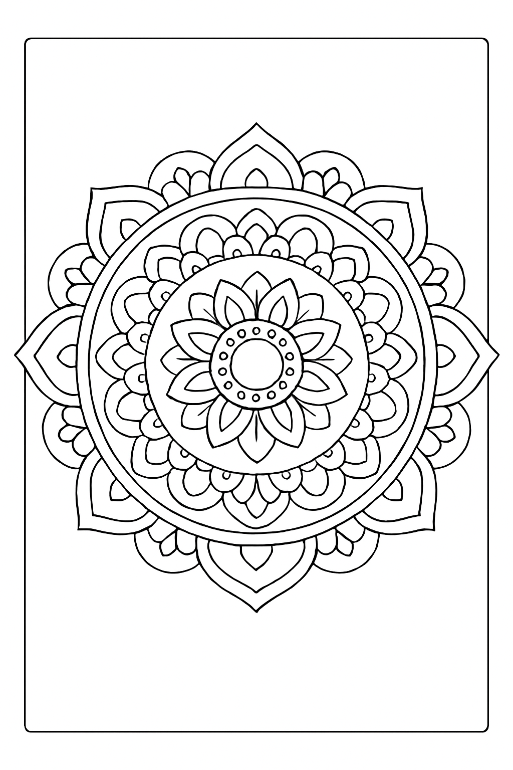 A zen mandala circles coloring page with symmetrical patterns and clear, bold line art.