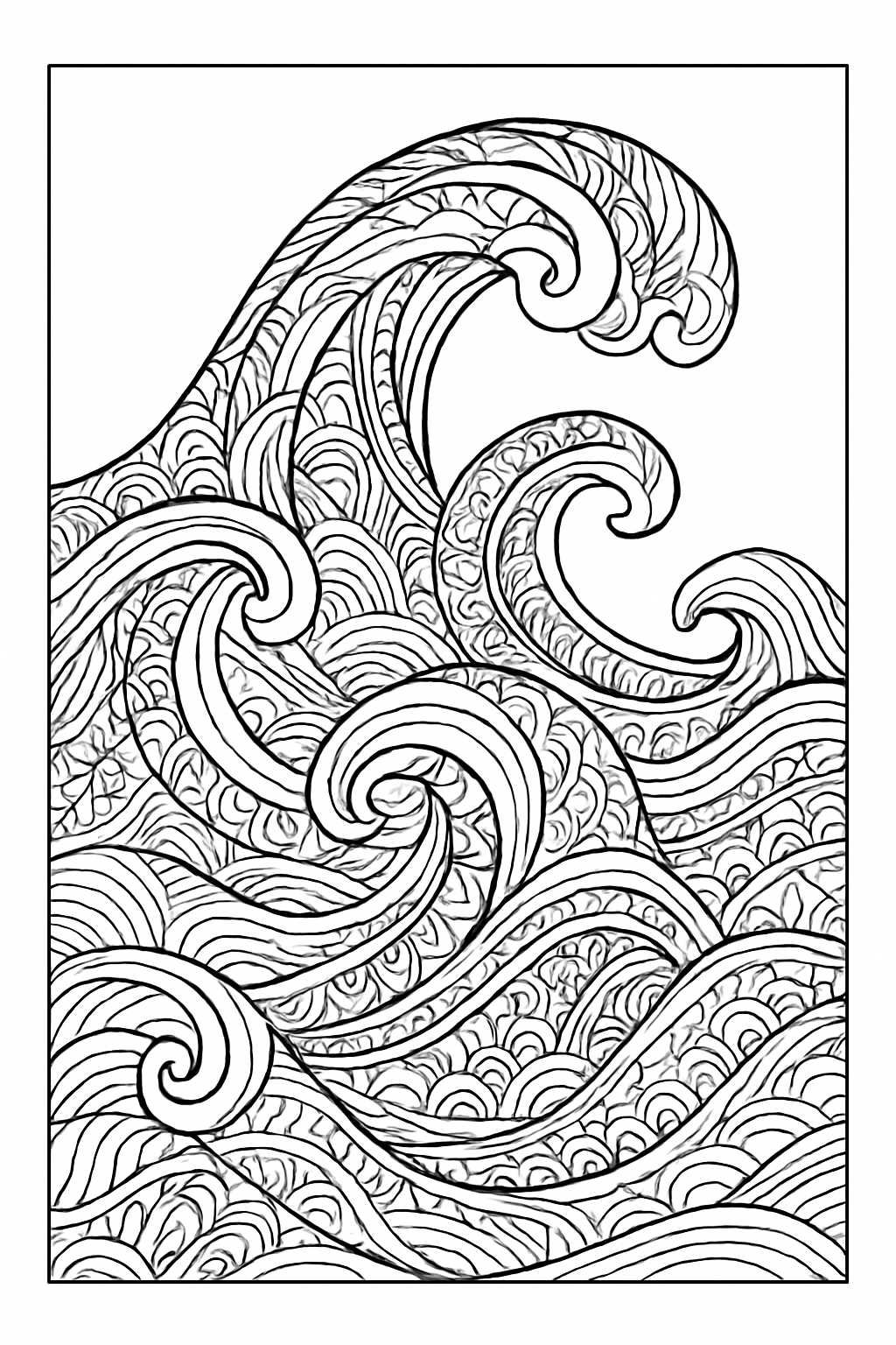 A detailed zentangle ocean waves coloring page with flowing patterns and clean outlines.