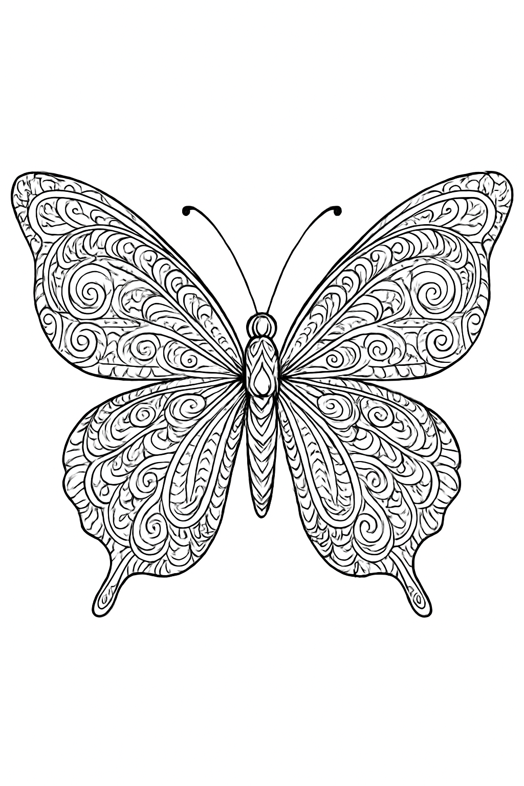 Detailed zentangle butterfly coloring page with symmetrical wing patterns and bold black outlines.