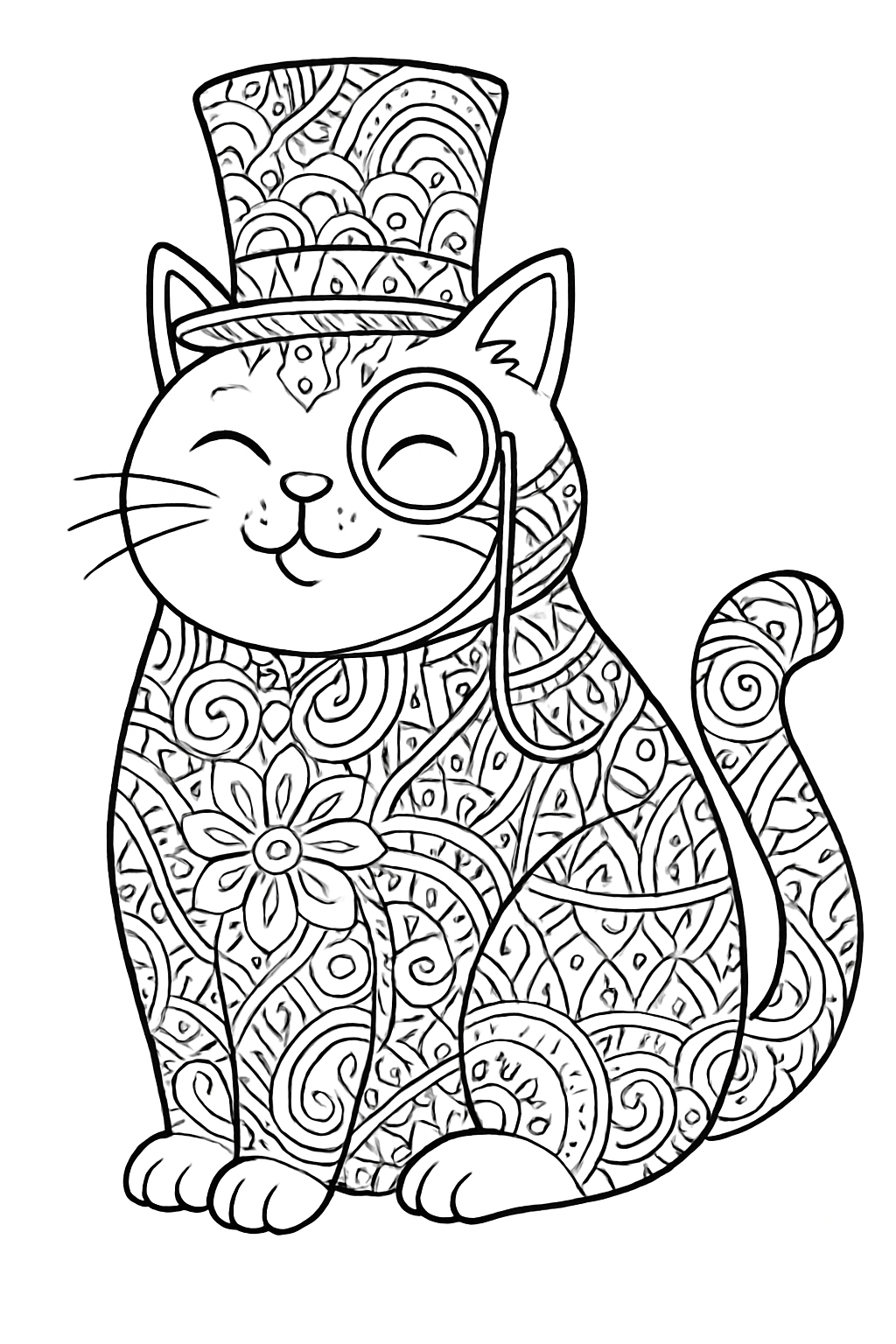 A whimsical cat wearing a top hat in a complex zentangle cat coloring page style.