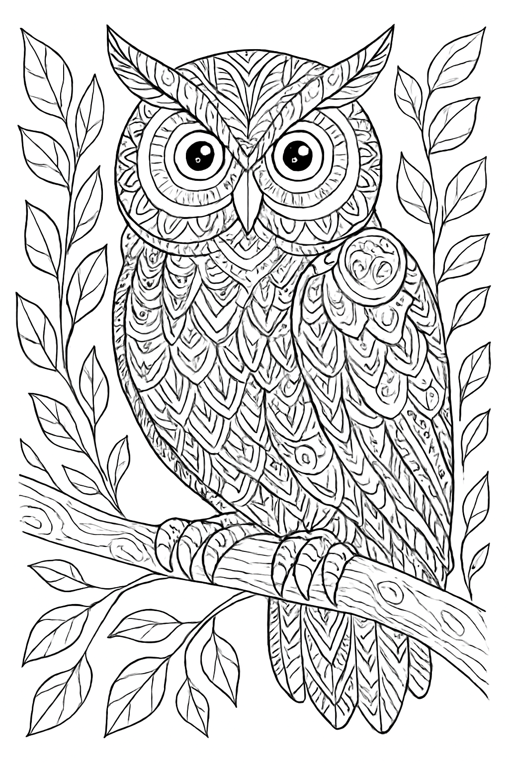 A detailed zentangle forest owl coloring page with elegant geometric patterns and clean lines.